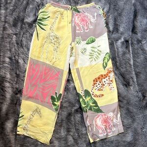 C.A. Sport 100% Silk Safari Jungle Print Pull On Pants Fully Lined Size Small